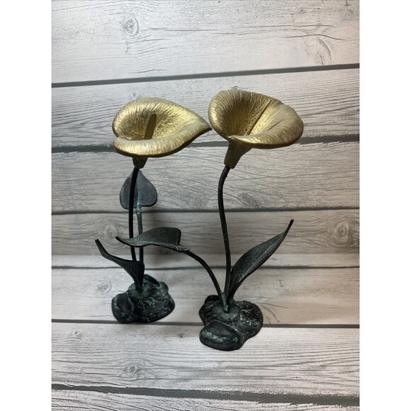 VINTAGE Verdigris Calla Lily Brass Candle Holder Art Nouveau Patina Leave Flower - Picture 1 of 10
